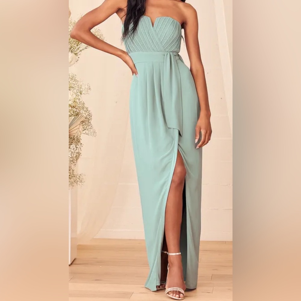 Elegance Sage Brush Pleated Strapless Maxi Dress